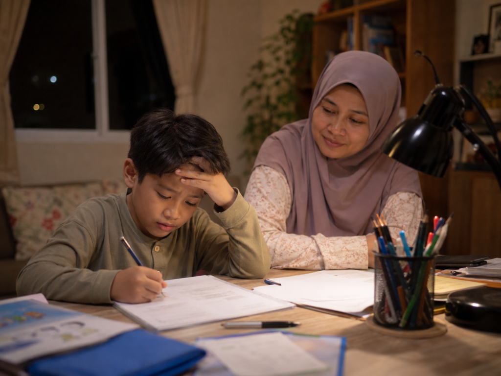 Anak Asia baru mula buat kerja sekolah pada waktu malam dengan meja bersepah, ibu bapa memerhati dengan tenang.