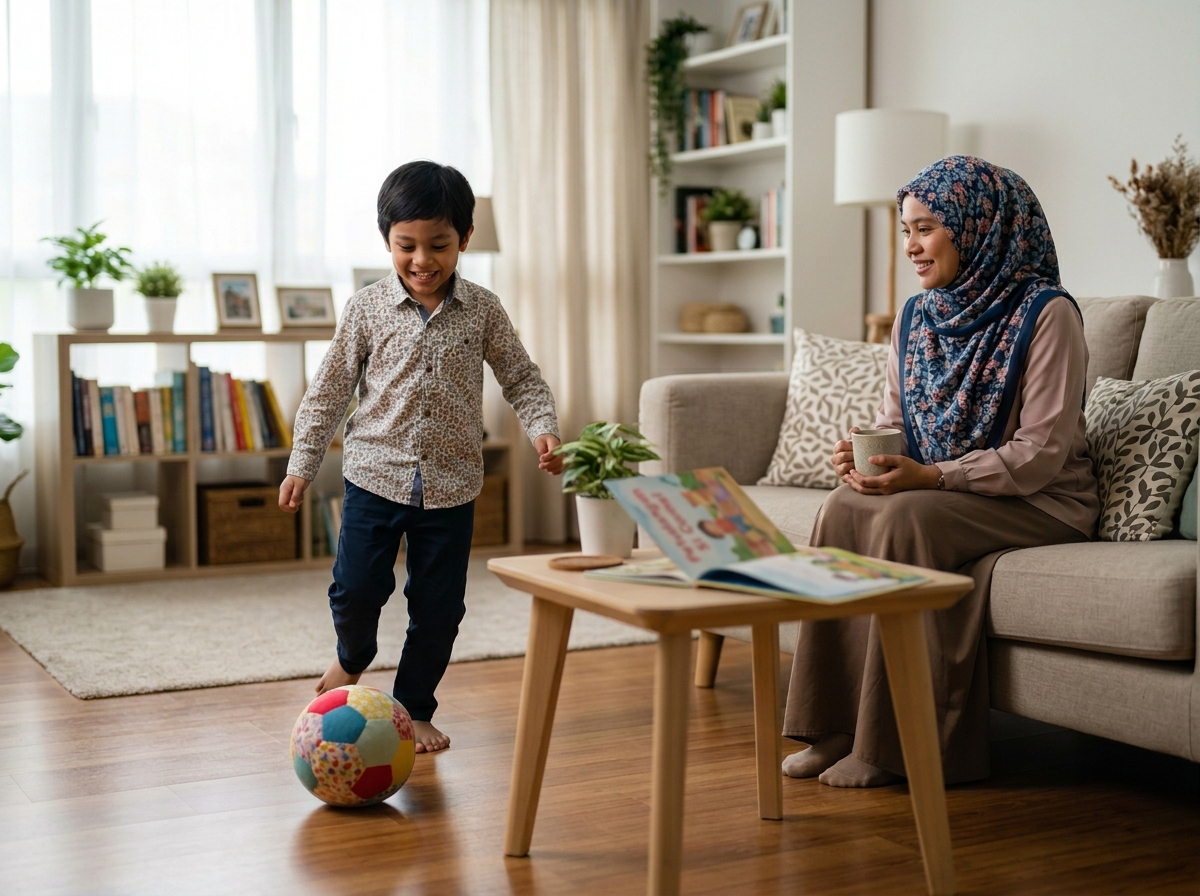 Anak Asia bermain bola di ruang rumah manakala buku terletak di atas meja, ibu bapa memerhati dengan tenang.