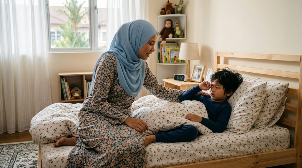 Anak Asia masih mengantuk di atas katil pada waktu pagi, ibu bapa cuba kejut dengan lembut dan tenang.