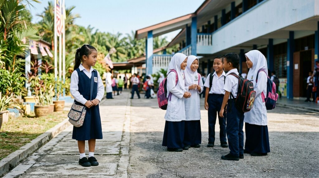 Murid Asia berseragam sekolah berdiri sedikit jauh dari kumpulan rakan di sekolah, kelihatan malu dan perlahan untuk join.