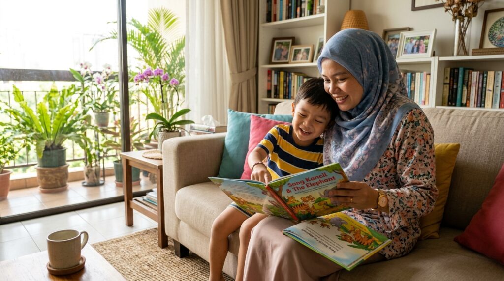 Ibu membaca buku bergambar bersama anak di rumah