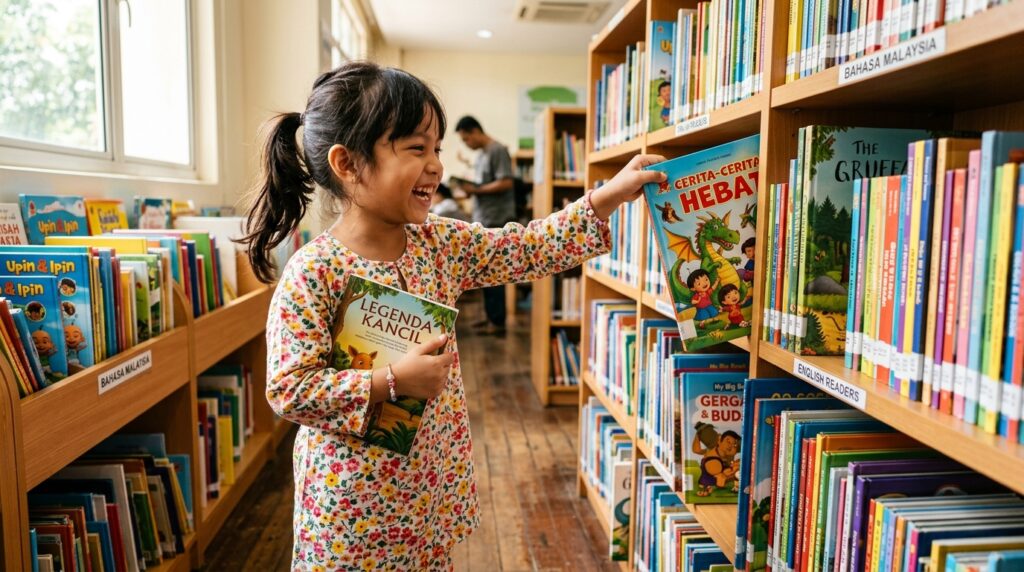 Kanak-kanak memilih buku kegemaran dari rak buku