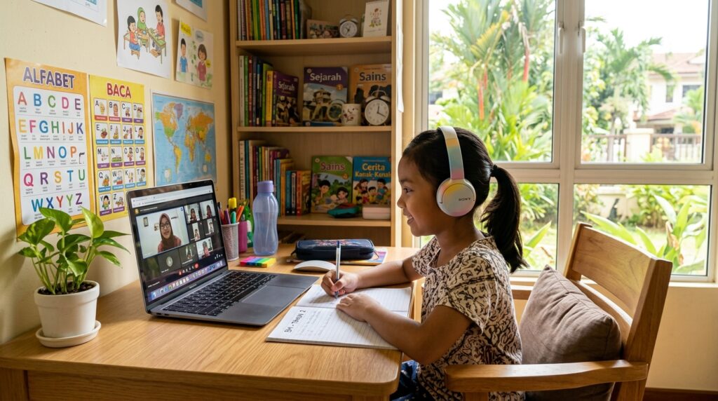 Kanak-kanak belajar online di ruang yang tenang dan selesa