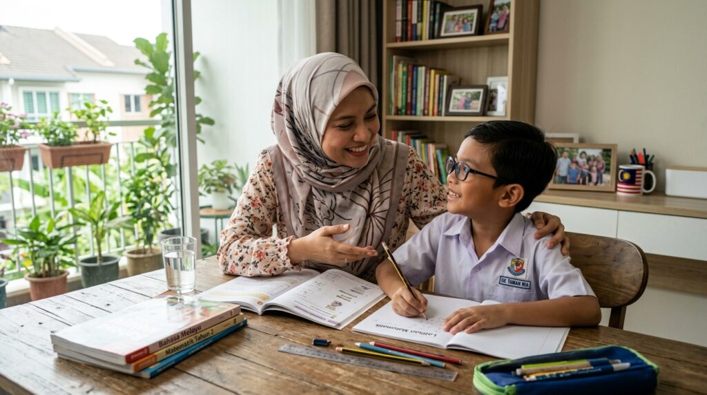 Ibu bapa memberi sokongan kepada anak ketika belajar dalam suasana positif
