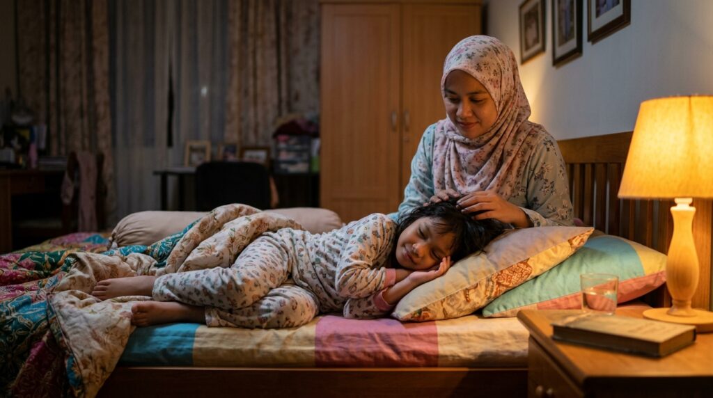 Anak Asia tertidur lewat di sofa atau katil pada waktu malam, menandakan jadual tidur berubah masa cuti.