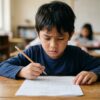 Close-up wajah anak Asia yang kelihatan keliru dan tidak pasti ketika melihat kertas soalan atau latihan di meja.