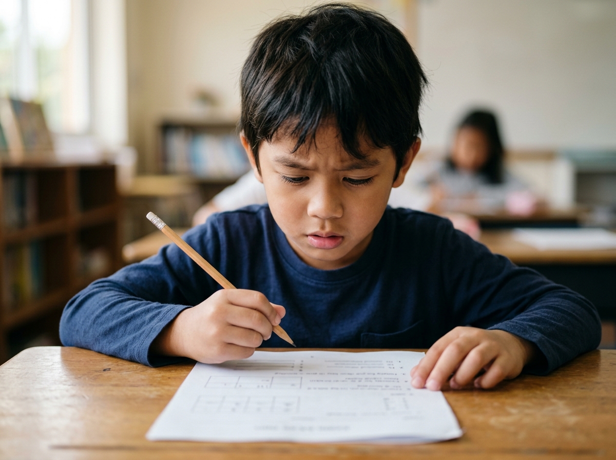Close-up wajah anak Asia yang kelihatan keliru dan tidak pasti ketika melihat kertas soalan atau latihan di meja.