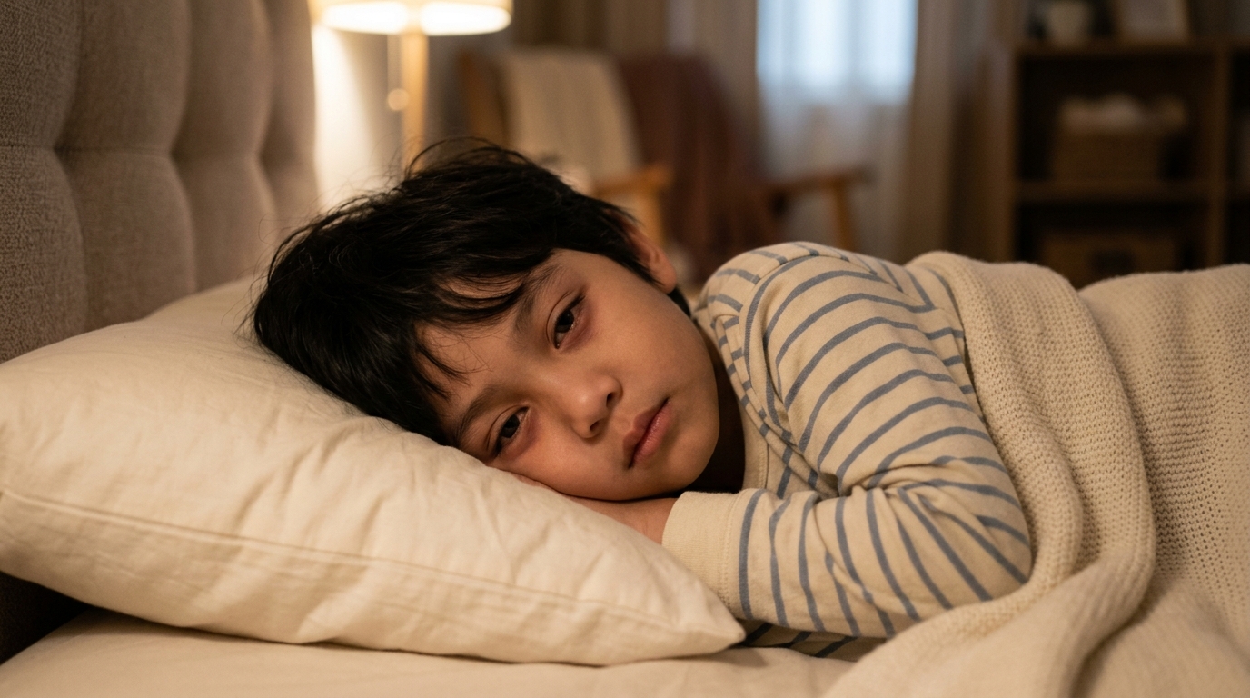 Anak Asia masih terjaga di atas katil walaupun nampak mengantuk, menunjukkan badan belum cukup bersedia untuk tidur.