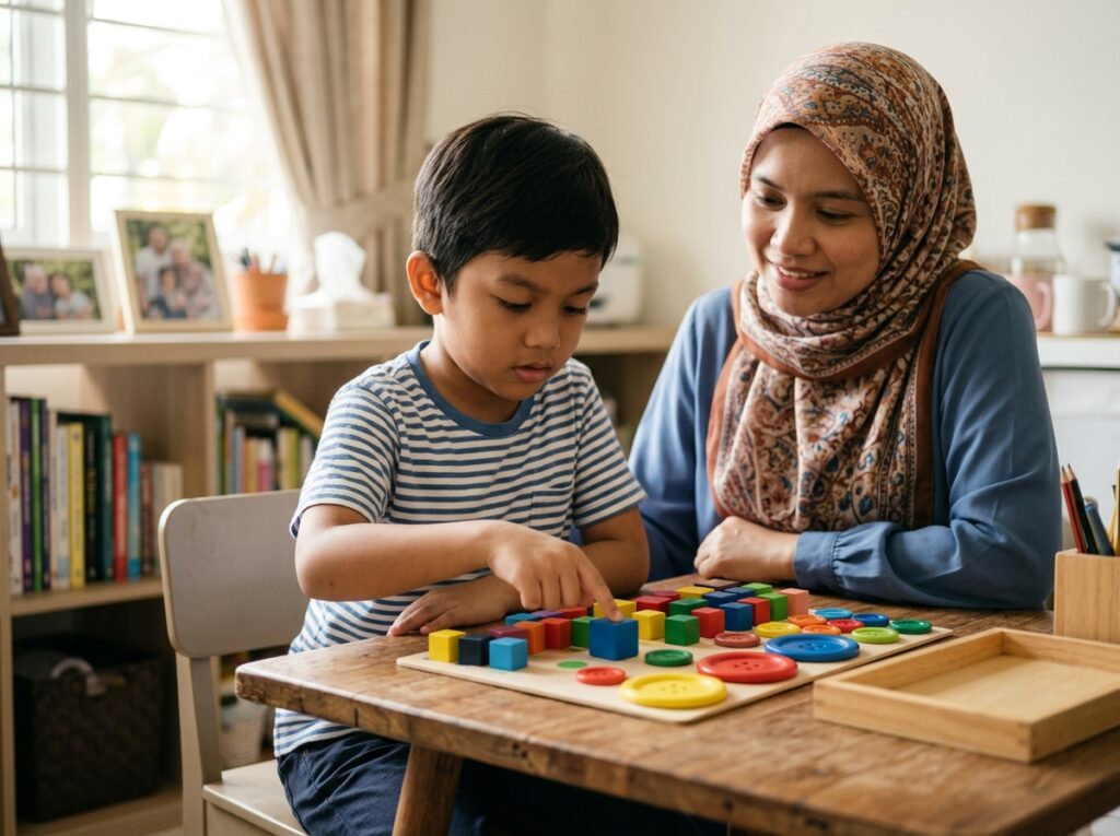 Anak Asia mengira objek kecil di atas meja sambil ibu bapa memantau dengan senyuman tenang.