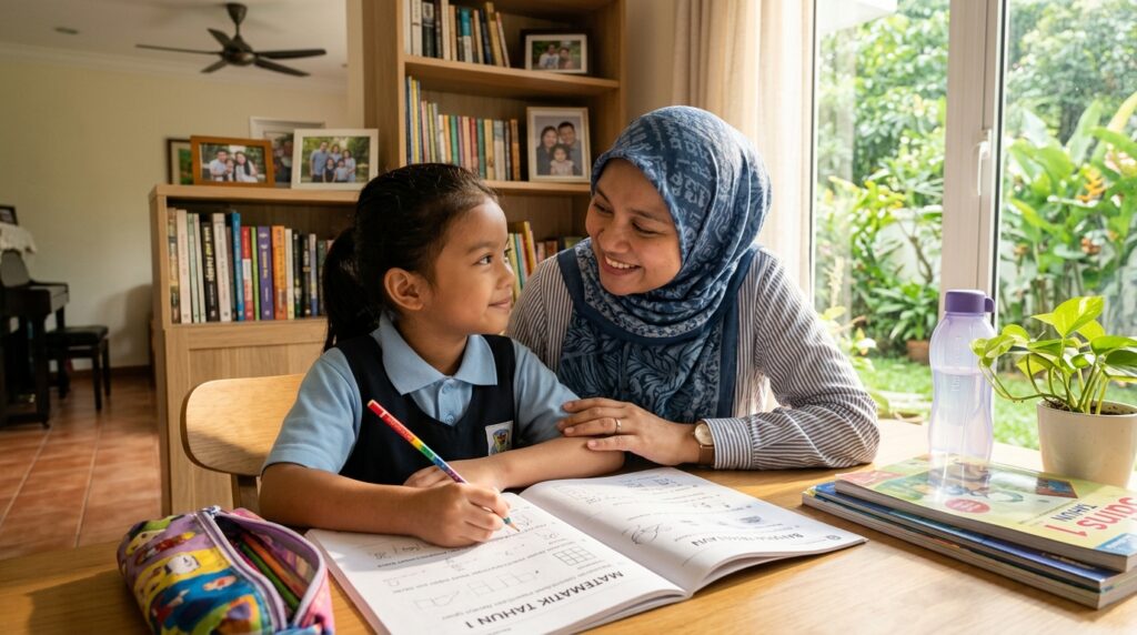 Ibu memberi galakan kepada anak ketika belajar dalam suasana ceria