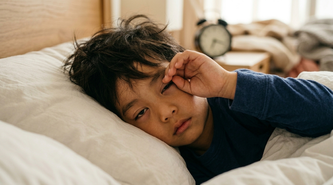 Close-up wajah anak Asia yang berat mata dan masih mengantuk pada waktu pagi, dengan jam/alarm kabur di latar belakang.