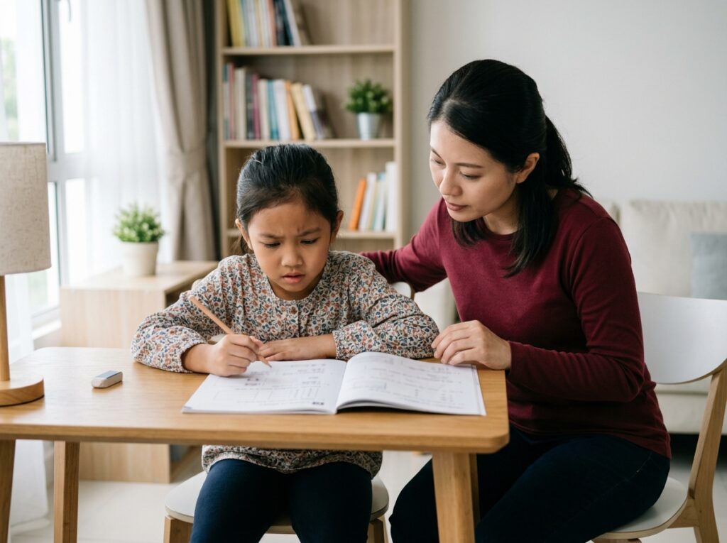 Anak Asia duduk di meja belajar sambil kelihatan keliru membaca arahan pada kertas latihan, ibu bapa memerhati dengan prihatin.