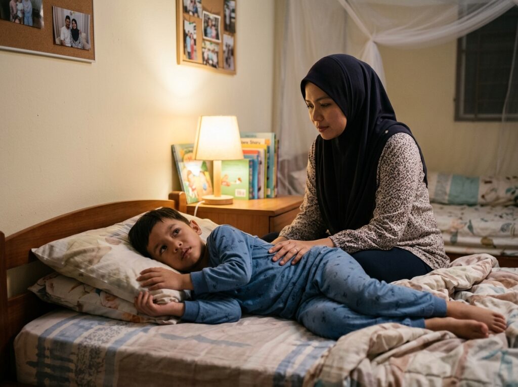 Anak Asia berbaring di atas katil pada waktu malam tetapi kelihatan tidak lena, ibu bapa duduk berdekatan dengan wajah prihatin.