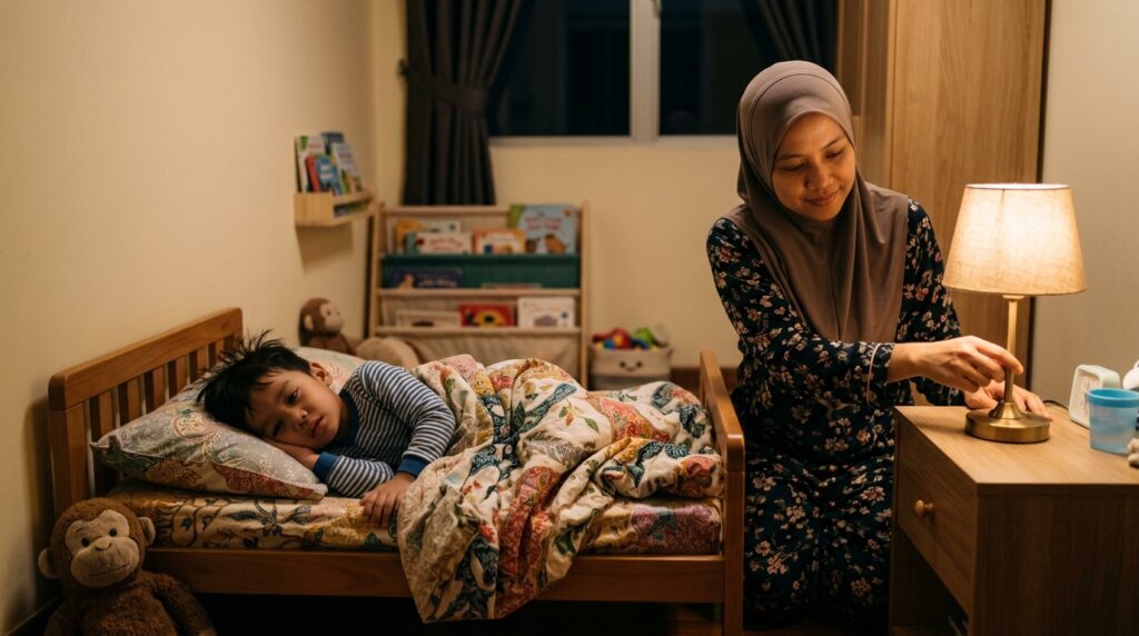 Anak Asia masih berpusing di atas katil pada waktu malam, ibu bapa meredupkan lampu dan menenangkan suasana bilik.