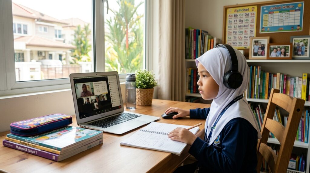 Kanak-kanak fokus mengikuti kelas online di rumah