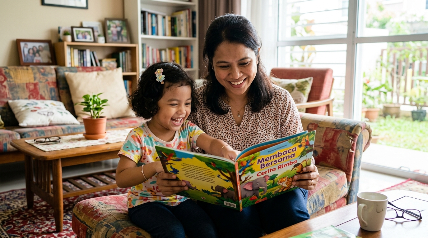 Ibu membaca buku bergambar bersama anak dalam suasana ceria di rumah