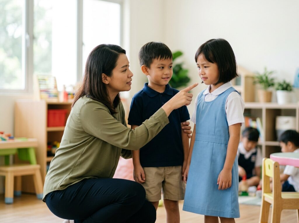 Anak Asia belajar memerhati reaksi kawannya selepas bergurau, dengan bimbingan ibu bapa atau guru.