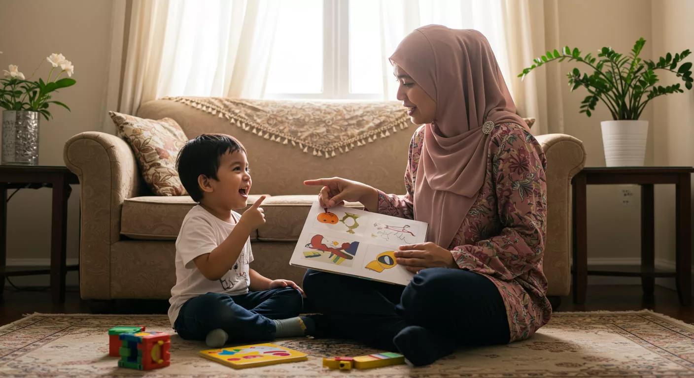 Ibu dan anak Melayu melakukan aktiviti menyeronokkan selepas membaca cerita rakyat di ruang membaca rumah.
