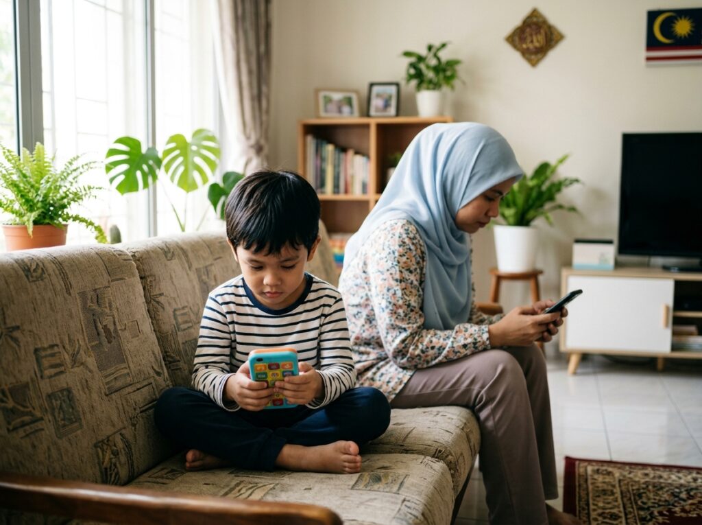 Anak Asia meniru gaya ibu atau bapa memegang telefon di rumah, sementara parent berada berhampiran.