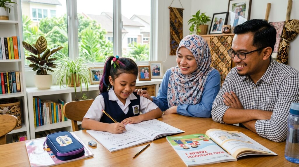 Kanak-kanak Melayu belajar dengan yakin sambil diperhatikan ibu bapanya.