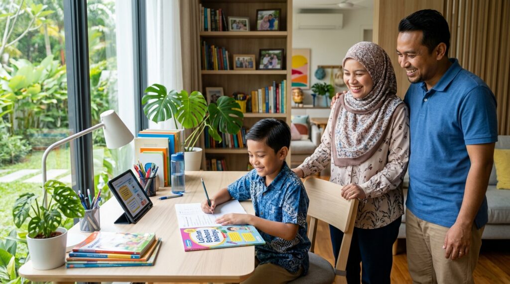 Kanak-kanak Melayu belajar dengan yakin sambil mendapat sokongan ibu bapanya.
