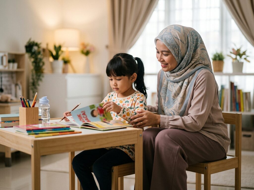 Anak Asia berumur sekitar 6 tahun mengikut arahan mudah di meja belajar dengan bantuan ibu bapa yang tenang.