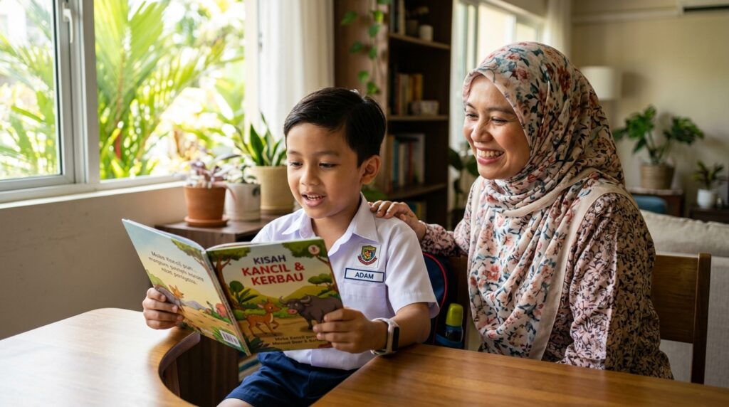 Kanak-kanak membaca buku dengan lancar sambil diperhatikan oleh ibu.