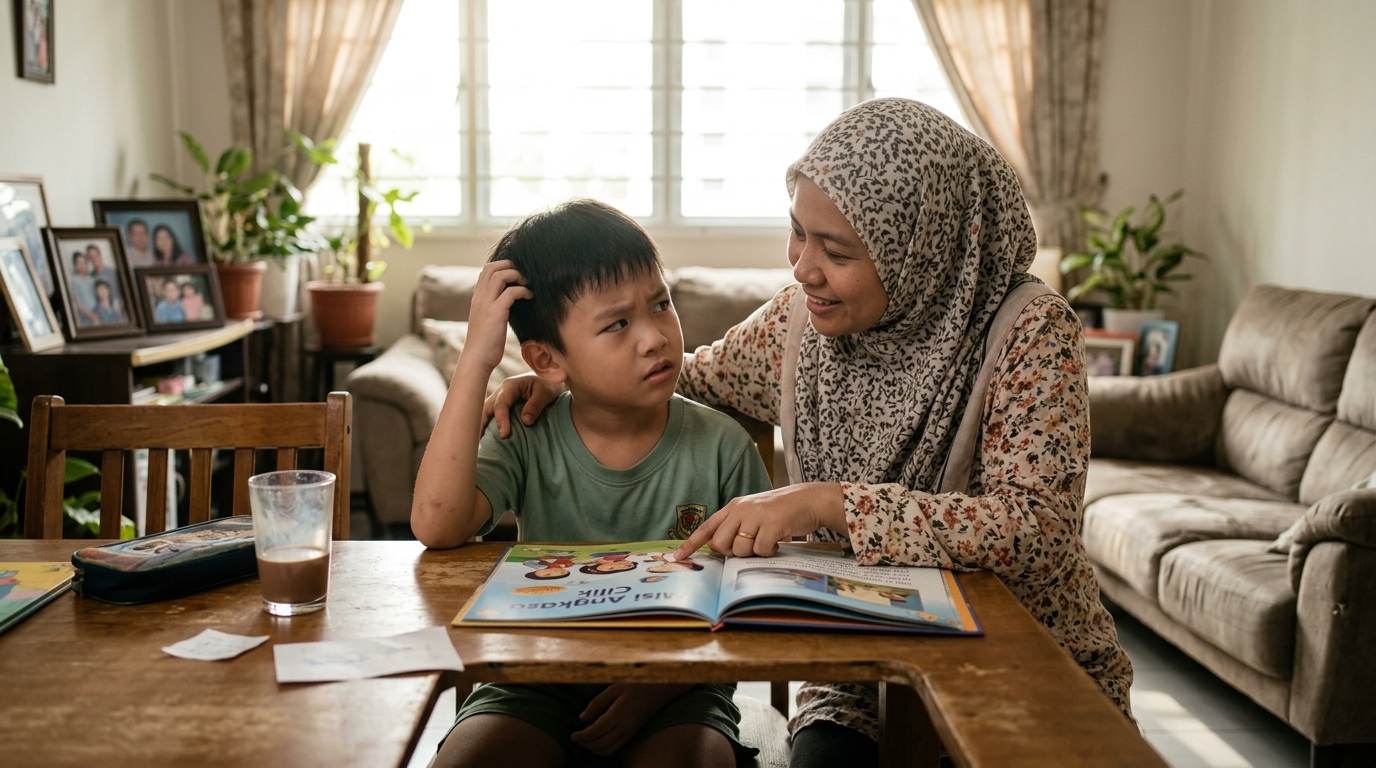 Kanak-kanak kelihatan keliru selepas membaca buku bersama ibu di rumah