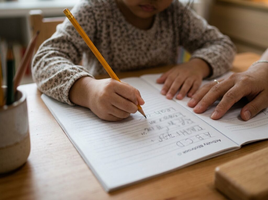 Close-up tangan anak Asia berumur 6 tahun memegang pensel dan menulis perkara asas di atas kertas.