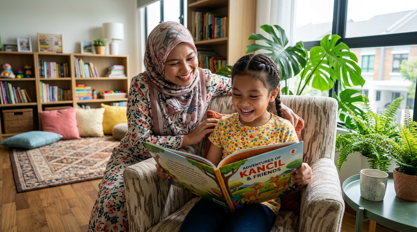 Kanak-kanak Melayu membaca dengan lancar sambil ditemani ibu.