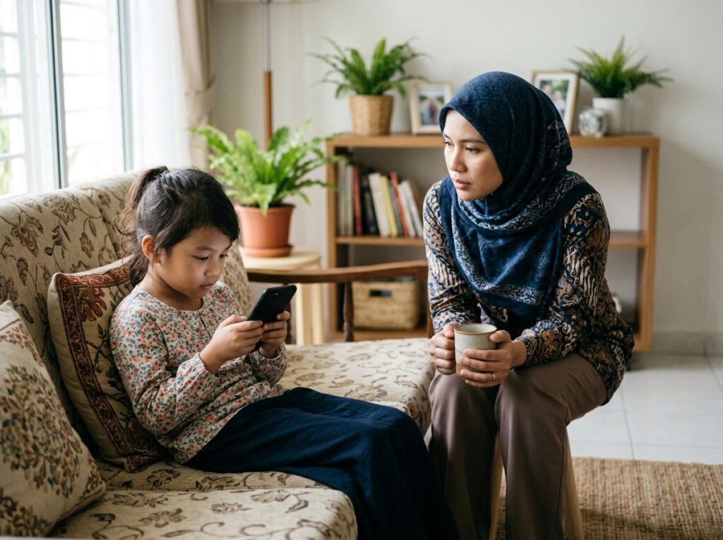 Anak Asia duduk di ruang tamu sambil memegang telefon apabila tidak tahu mahu buat apa, manakala ibu bapa memerhati dengan wajah prihatin.