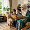 Ibu Melayu membacakan cerita rakyat kepada anak-anak di ruang tamu rumah.