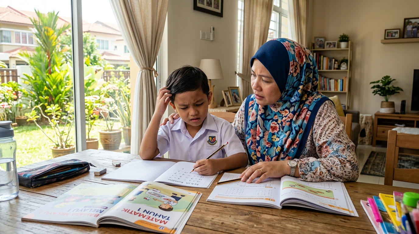 Ibu membantu anak Melayu yang keliru memahami pelajaran di rumah.