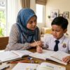 Ibu membantu anak Melayu yang sedang keliru memahami pelajaran di rumah.