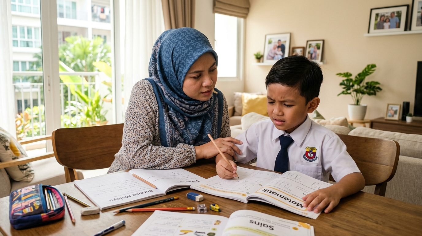 Ibu membantu anak Melayu yang sedang keliru memahami pelajaran di rumah.