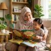Ibu Melayu membacakan cerita rakyat kepada anak untuk mengajar nilai murni.