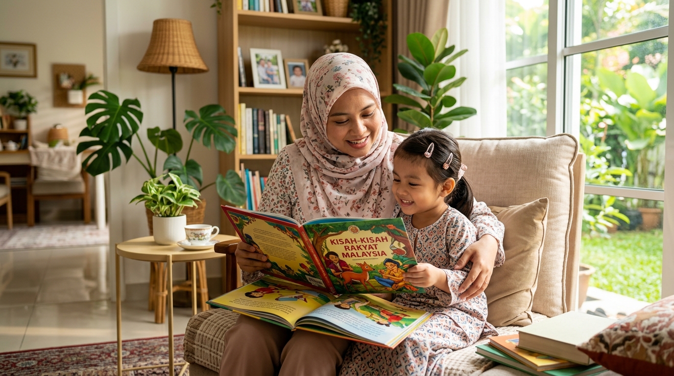 Ibu Melayu membacakan cerita rakyat kepada anak untuk mengajar nilai murni.