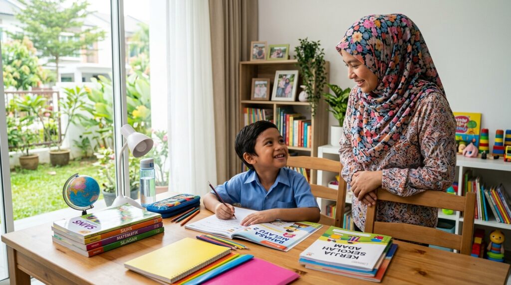 Kanak-kanak Melayu belajar dengan yakin sambil mendapat sokongan daripada ibu.