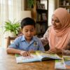 Kanak-kanak sekolah rendah masih mengeja ketika membaca bersama ibu di rumah