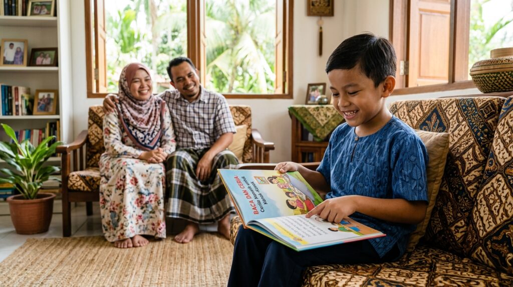 Kanak-kanak Melayu membaca dengan lancar dan yakin di rumah.