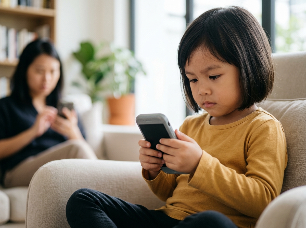 Close-up anak Asia memegang telefon atau telefon mainan sambil meniru gaya orang dewasa menggunakan telefon.