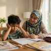 Kanak-kanak Melayu kelihatan hampir berputus asa ketika belajar bersama ibu.