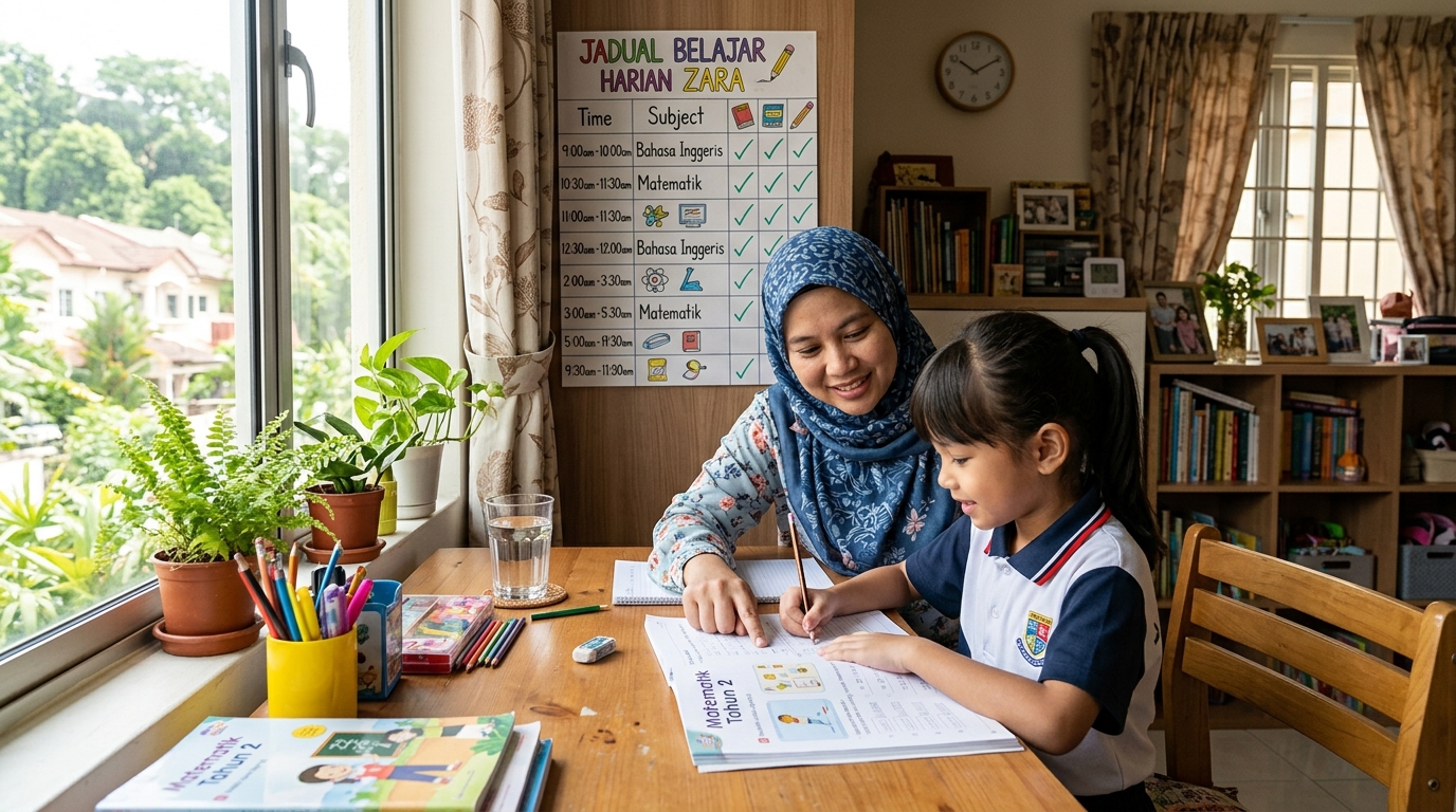 Ibu membantu anak mengikuti rutin belajar harian di rumah