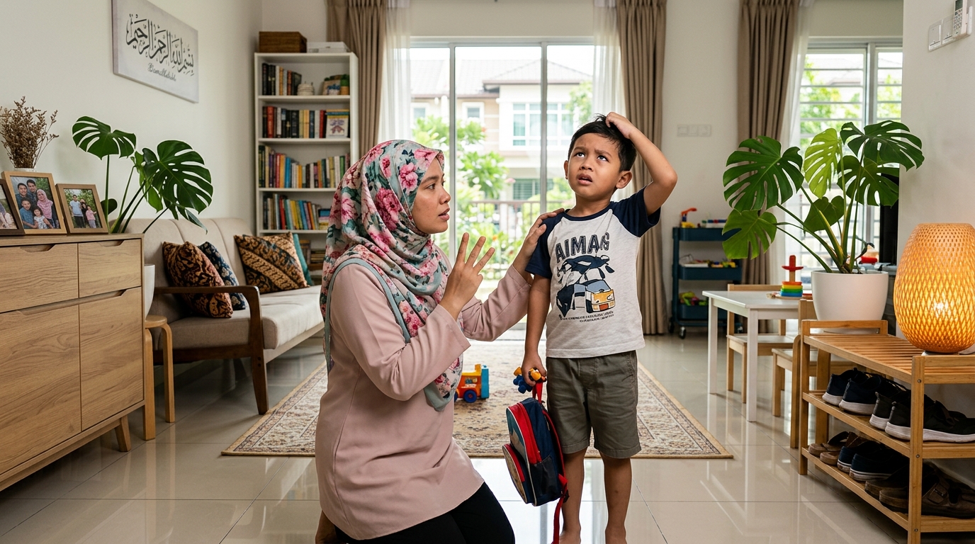 Ibu memberi arahan kepada anak Melayu yang kelihatan keliru.