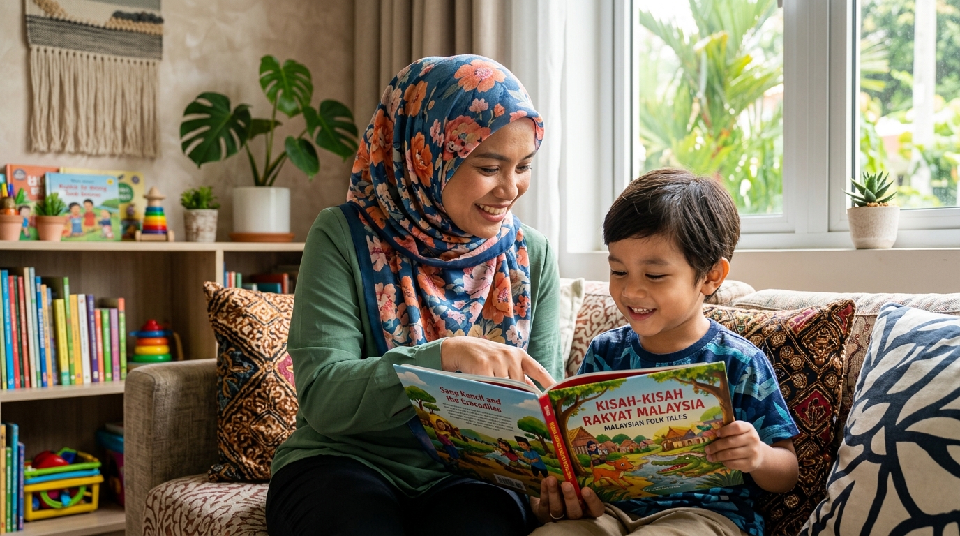 Ibu Melayu membacakan cerita rakyat kepada anak yang mula menunjukkan minat membaca.