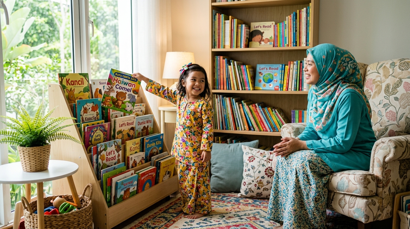 Ibu Melayu membacakan cerita kepada anak yang kelihatan kurang berminat.