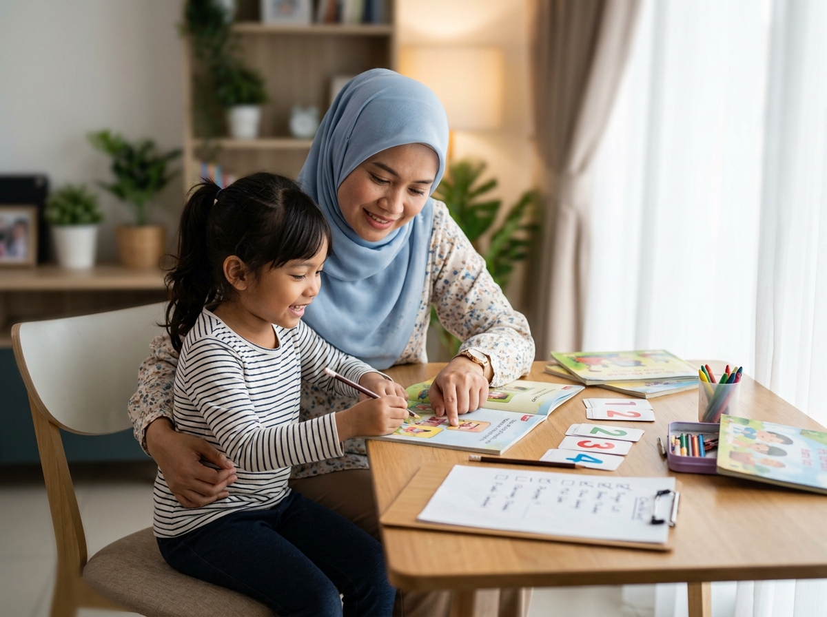 Ibu bapa Asia menyemak persediaan anak berumur 6 tahun sebelum masuk Darjah 1 di meja belajar rumah.