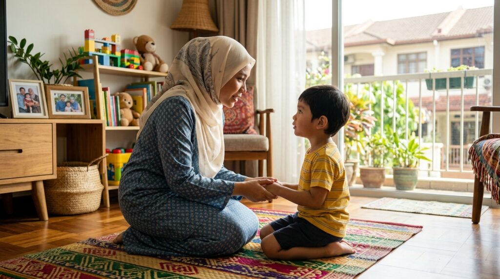 Ibu memberi arahan ringkas kepada anak Melayu sambil bertentang mata.