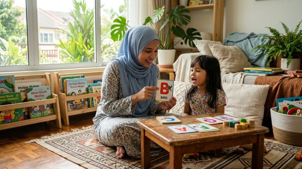 Ibu mengajar bunyi huruf kepada anak menggunakan kad huruf.