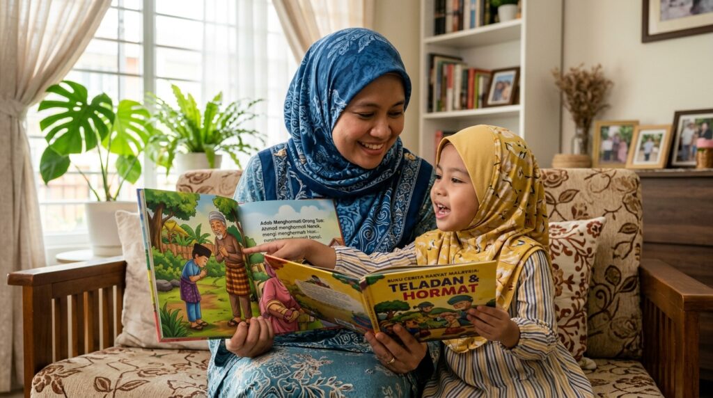 Kanak-kanak Melayu mendengar cerita rakyat sambil melihat watak yang menunjukkan sikap hormat.